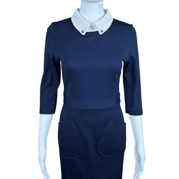 Victoria by Victoria Beckham Nitta Navy Sheath Midi Dress MEDIUM Preppy Academia